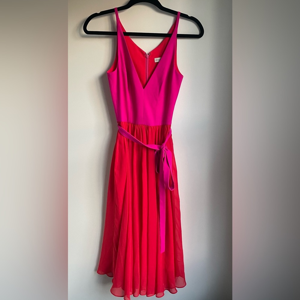 NWOT Dress the Population Fit & Flare Red and Pink Color-blocked Cocktail Dress